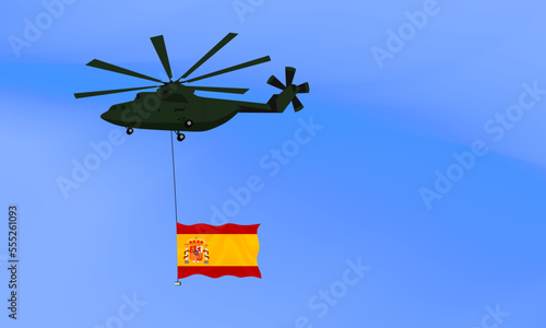 Helicopter flies with the flag of Spain, the flag of Spain in the sky. National holiday. vector illustration eps10