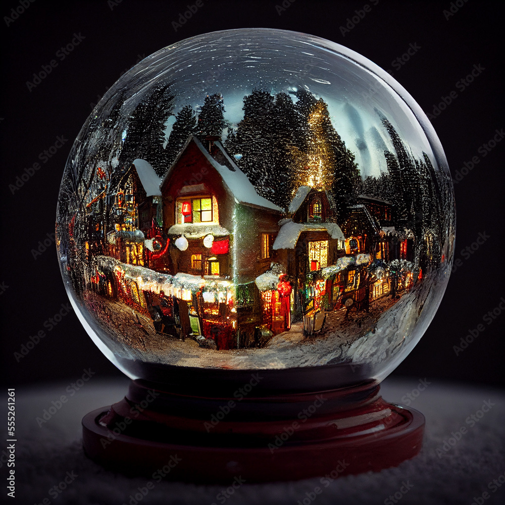 Christmas village in small glass ball, minature of snowy village - Generative AI Christmas village in small glass ball, minature of snowy village - Generative AI