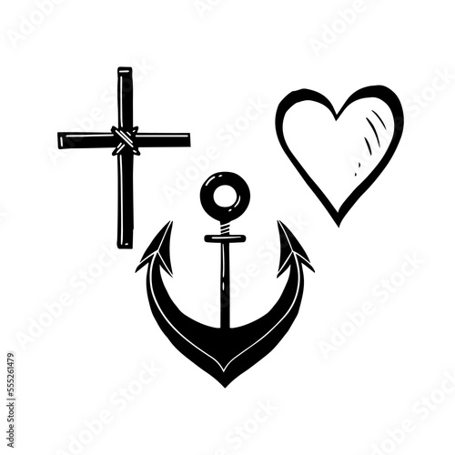 Cross, Anchor, Heart. Hand drawn black and white symbols, sign of Faith Hope Love. Isolated on a white background.