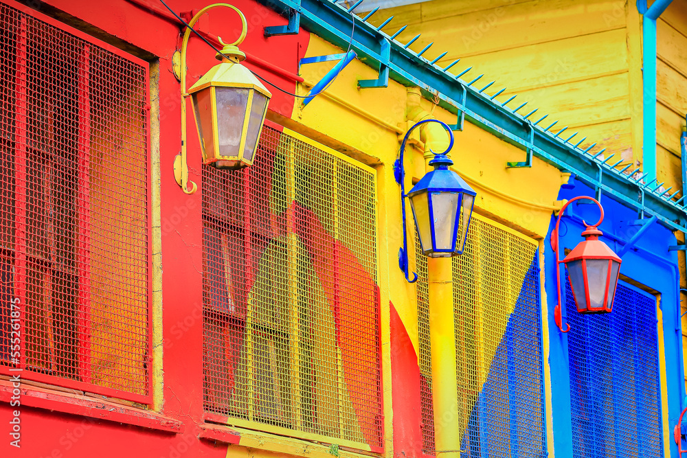 Colorful facade on Caminito Street with Street lamps, in Buenos Aires, Argentina