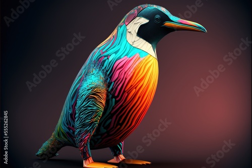 Photorealistic multicoloured king penguin with copyspace for text, created with gerative AI. photo