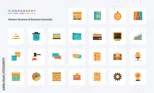 25 Modern Business And Business Essentials Flat color icon pack