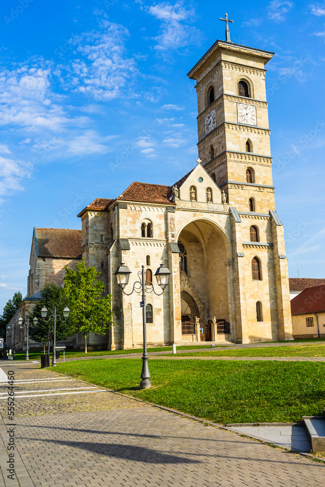 View of catholic cathedral on sunny day in Alba Iulia, Romania, 2021