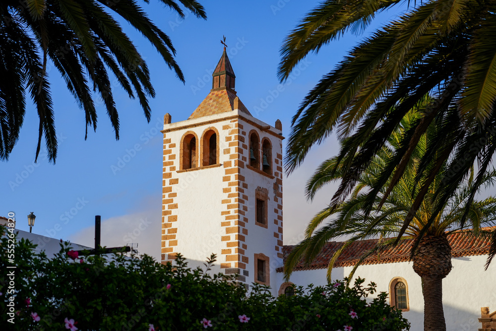 Bell tower of the church of Saint Mary of Betancuria surrounded by palm trees in the former capital city of Fuerteventura island in the Canaries, Spain