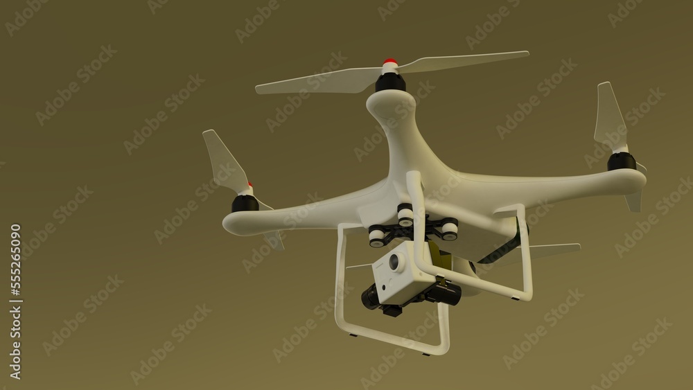 Powerful white drone loaded with some of light, advanced imaging and flight technologies under white-brown background. Concept 3D CG of lifesaving and unmanned cargo transportation. Powerful white drone loaded with some of light, advanced imaging and flight technologies under white-brown background. Concept 3D CG of lifesaving and unmanned cargo transportation.