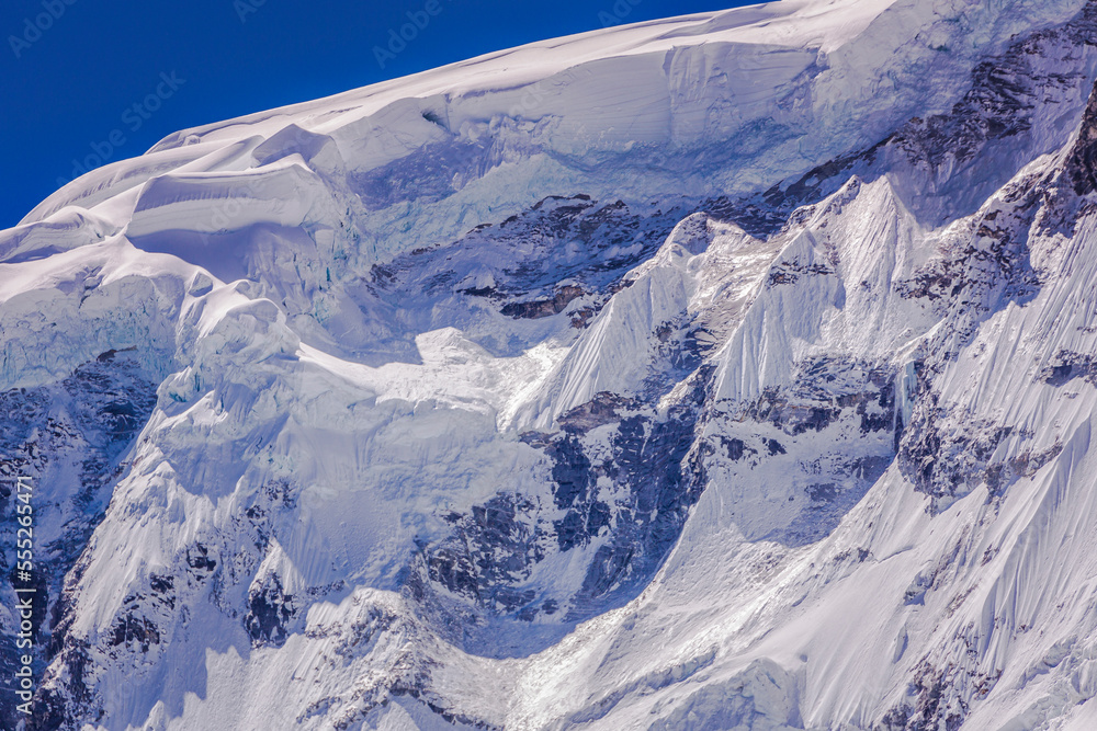 Snowcapped mountain peak with glacier in Cordillera Blanca, Ancash Andes, Peru