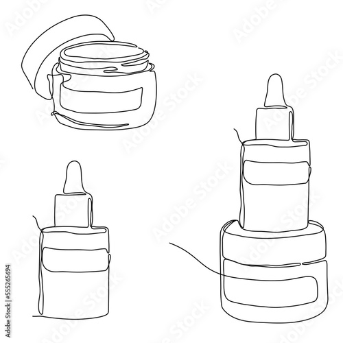Skin care set. Skin care single line vector illustrations. Skin serum, face cream one line drawing 