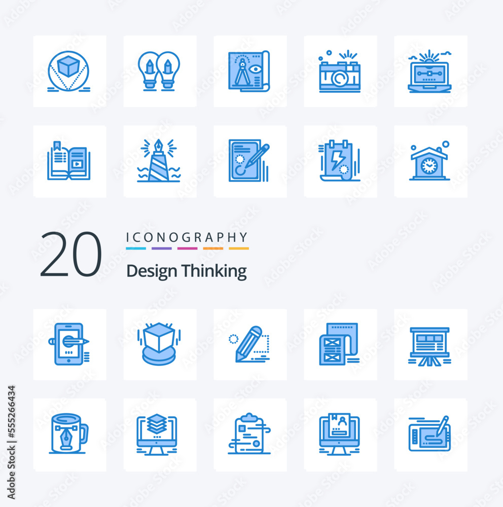 20 Design Thinking Blue Color icon Pack like email document object draw ...