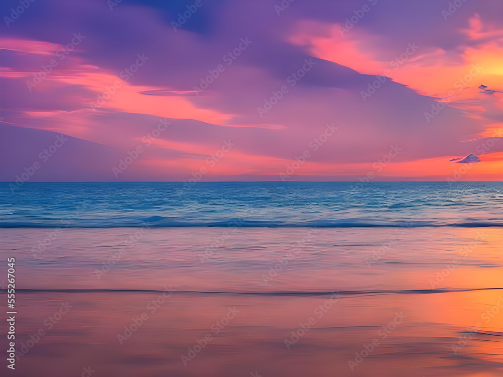 Nature in twilight period which including of sunrise over the sea and the nice beach. Summer beach with blue water and purple sky at the sunset