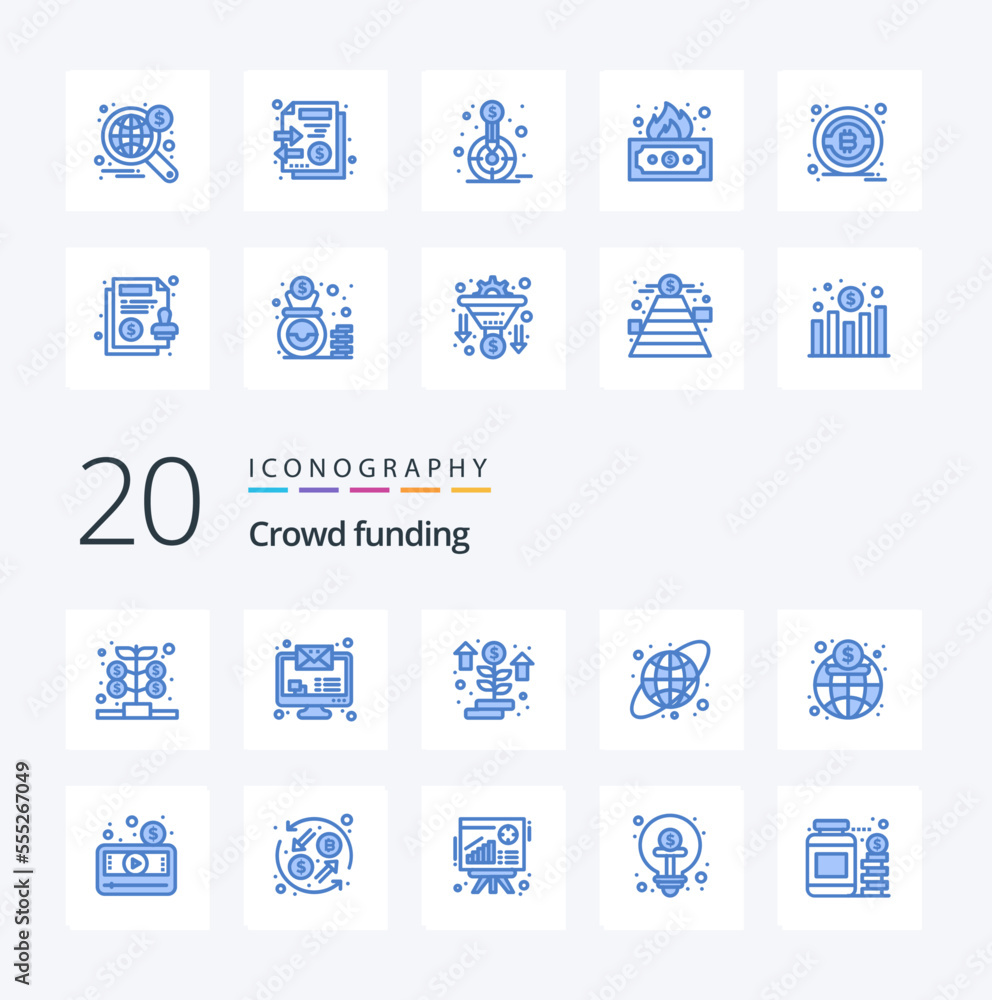 20 Crowdfunding Blue Color icon Pack like finance global money economy circular grid