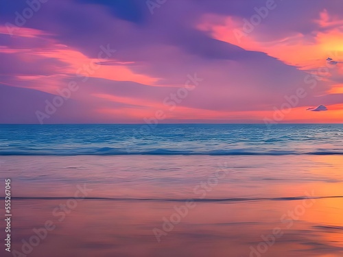 Nature in twilight period which including of sunrise over the sea and the nice beach. Summer beach with blue water and purple sky at the sunset
