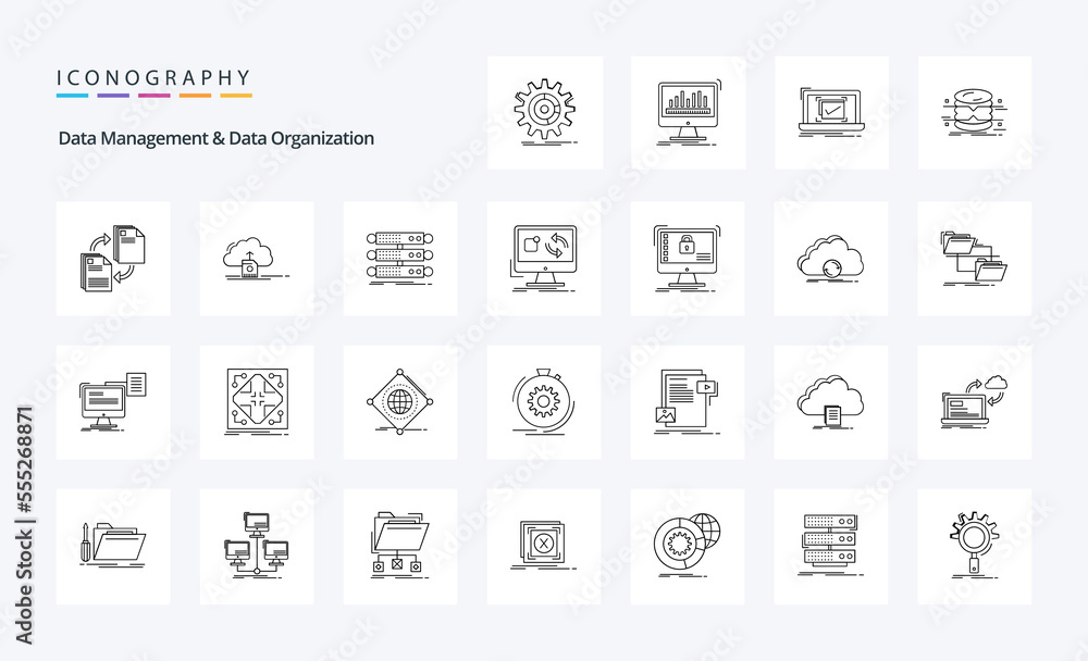 25 Data Management And Data Organization Line icon pack