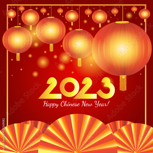 Greeting card for the Chinese New Year 2023 in red and gold design. Red lamps and fans with shining particles. Stock vector illustration in square orientation for social media post, prints, cards.