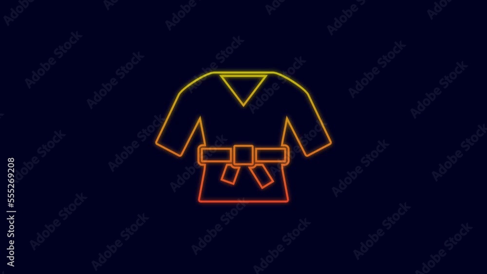 Glowing neon line Kimono icon isolated on blue background. Chinese, Japanese, Korean, Vietnamese wearing national costumes, kimono. Traditional Asian costumes. 4K Video motion graphic animation Glowing neon line Kimono icon isolated on blue background. Chinese, Japanese, Korean, Vietnamese wearing national costumes, kimono. Traditional Asian costumes. 4K Video motion graphic animation