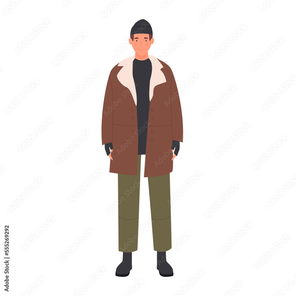 Man wearing warm outfit. Winter fashion clothes, hat and heavy jacket vector illustration