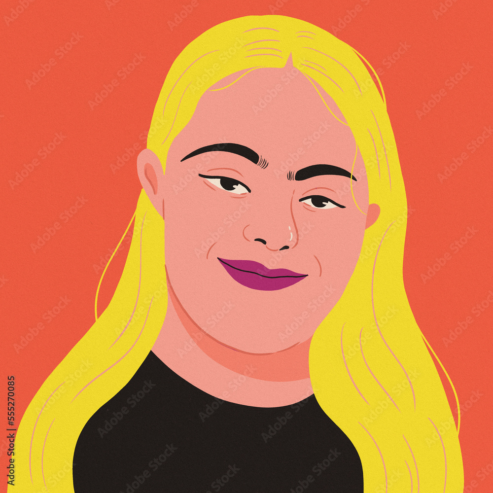 woman portrait blonde downs syndrome violet lips orange background woman portrait blonde downs syndrome violet lips orange background