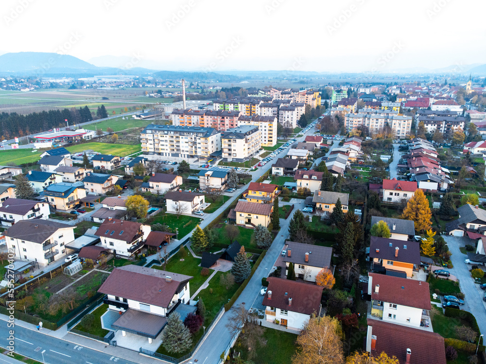 Residential district with apartment buildings and houses aerial photo