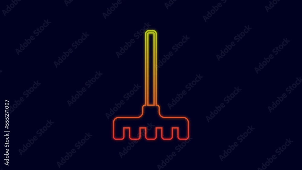 Glowing neon line Garden rake icon isolated on blue background. Tool for horticulture, agriculture, farming. Ground cultivator. Housekeeping equipment. 4K Video motion graphic animation Glowing neon line Garden rake icon isolated on blue background. Tool for horticulture, agriculture, farming. Ground cultivator. Housekeeping equipment. 4K Video motion graphic animation