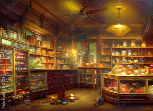 The interior of an old fashioned candy store with jars of sweets and confectionaries on a counter. generative ai illustration
