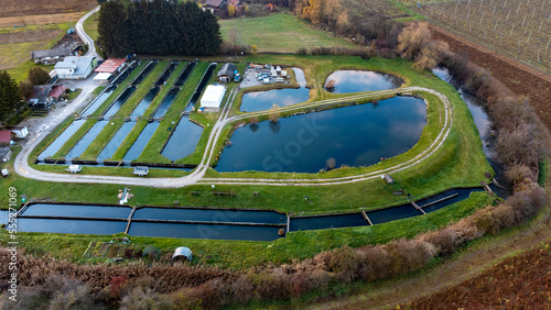 Aquaculture ponds and used for fish farming top down