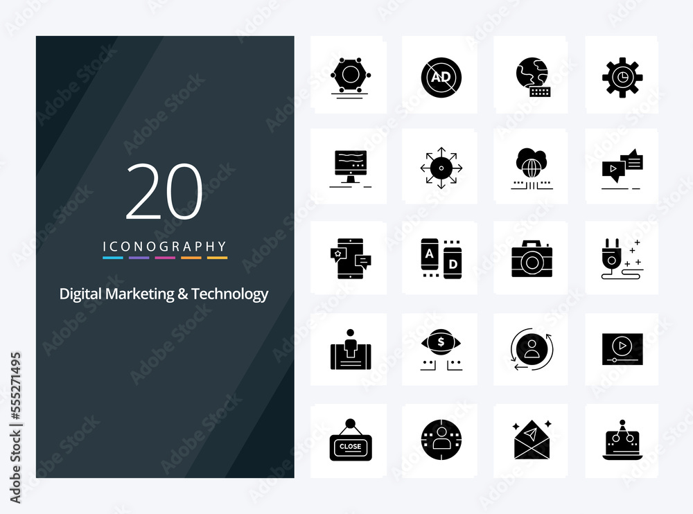 20 Digital Marketing And Technology Solid Glyph icon for presentation