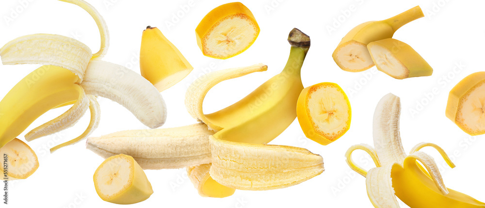 Flying fresh ripe bananas on white background Flying fresh ripe bananas on white background