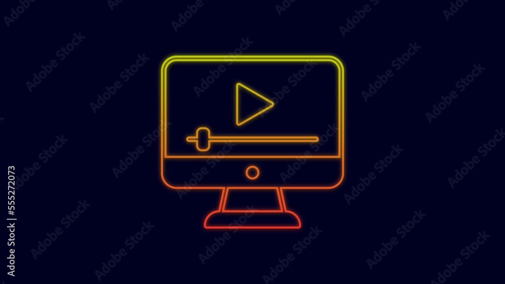 Glowing neon line Online play video icon isolated on blue background. Film strip with play sign. 4K Video motion graphic animation Glowing neon line Online play video icon isolated on blue background. Film strip with play sign. 4K Video motion graphic animation