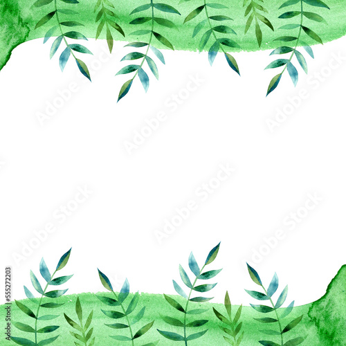 Green leaves watercolor frame 400 dpi PNG with transparent background  summer spring greenery  watercolor green border  green leaves  branches   spring or summer wedding