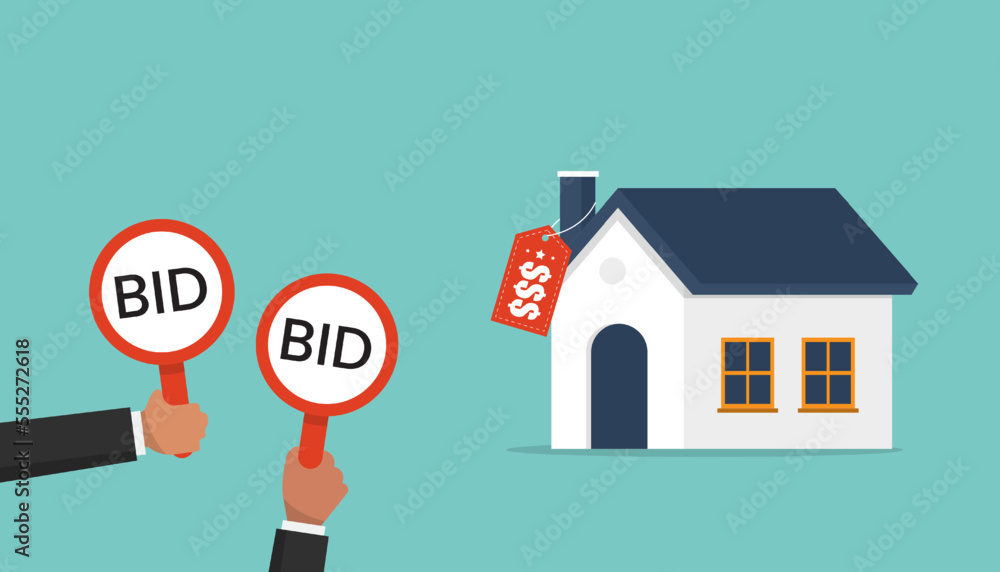 Businessmen hold bid signs for auction a house, buyers place bids, auction and bidding concept - obrazy, fototapety, plakaty 