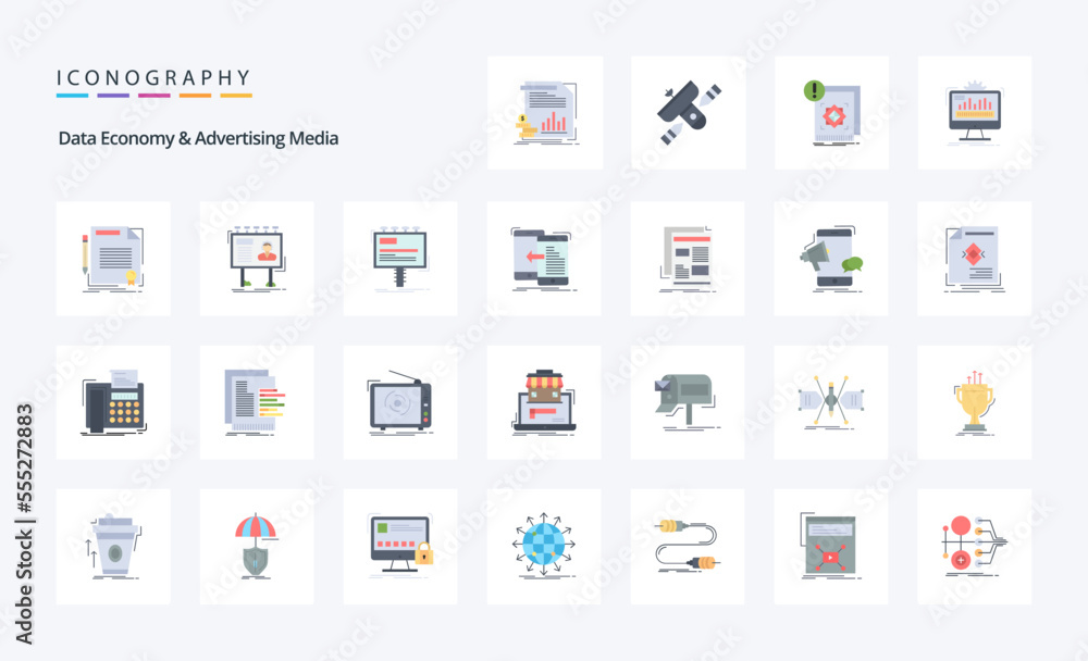 25 Data Economy And Advertising Media Flat color icon pack