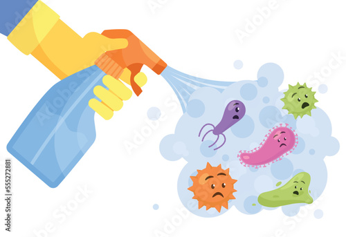 Spray kills bacteria. Hand holds cleaning agent and cleans room. Prevention and health care. Poster or banner for website. Virus protection and covid 19, coronavirus. Cartoon flat vector illustration