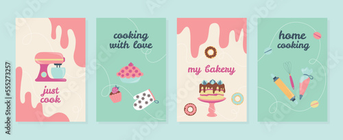 Bakery set banners. Collection of advertising graphic elements for website. Dessert and delicacy, gourmet. Muffins, cupcakes and cakes. Cartoon flat vector illustrations isolated on green background