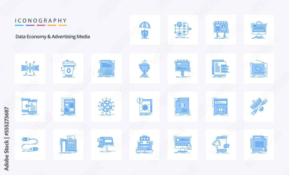 25 Data Economy And Advertising Media Blue icon pack