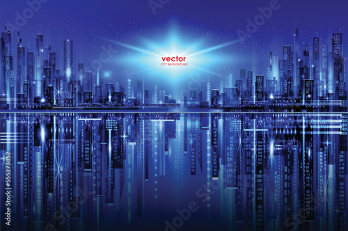 Night city illustration with neon glow and vivid colors. illustration with architecture, skyscrapers, megapolis, buildings, downtown.