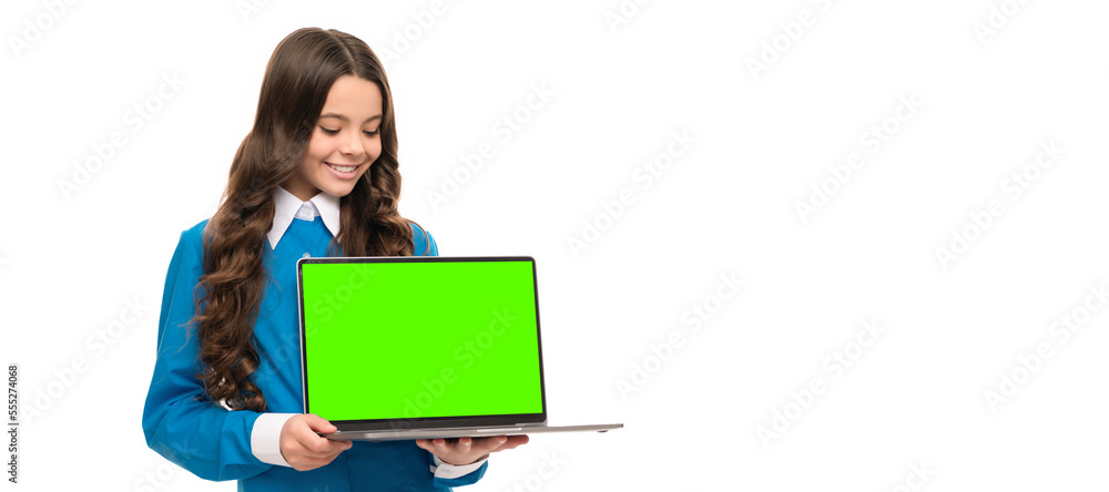 cheerful kid portrait make presentation on laptop isolated on white. School girl portrait with laptop, horizontal poster. Banner header with copy space. cheerful kid portrait make presentation on laptop isolated on white. School girl portrait with laptop, horizontal poster. Banner header with copy space.