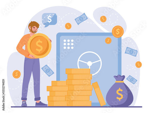 Concept of bank account. Man with large gold coin in his hands. Accountant makes budget. Financial Literacy and Passive Income. Evaluation of income and expenses. Cartoon flat vector illustration