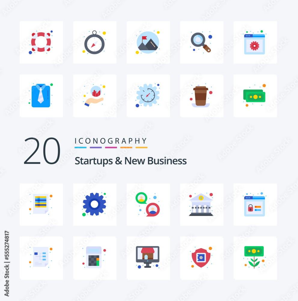 20 Startups And New Business Flat Color icon Pack like secure lock focus group account building