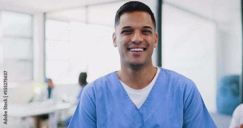 Face, man and happy nurse in hospital, smiling and ready for tasks. Portrait, medical professional and confident, proud and successful male doctor with vision, mission and wellness goals in clinic. Face, man and happy nurse in hospital, smiling and ready for tasks. Portrait, medical professional and confident, proud and successful male doctor with vision, mission and wellness goals in clinic.