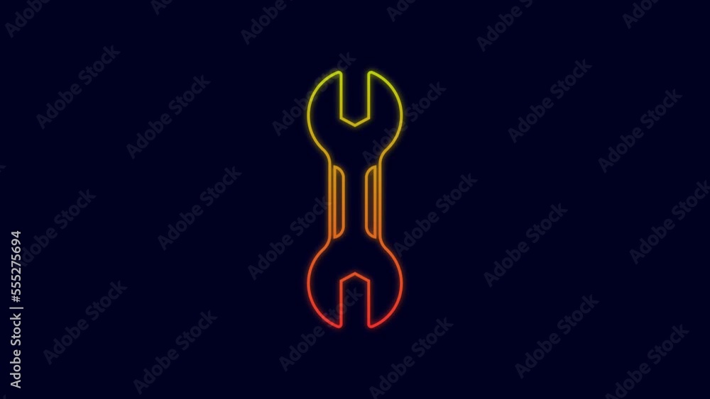 Glowing neon line Wrench spanner icon isolated on blue background. Spanner repair tool. Service tool symbol. 4K Video motion graphic animation Glowing neon line Wrench spanner icon isolated on blue background. Spanner repair tool. Service tool symbol. 4K Video motion graphic animation