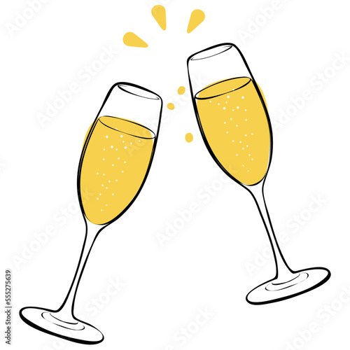 Goblets with Champagne Cheers Doodle Drawing.