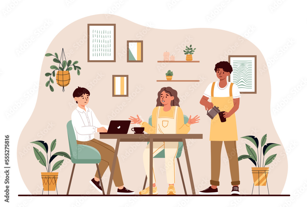 Friends sitting at cafe. Men and woman with laptop waiting for coffee or tea, relaxing after work. Coworkers and freelancers. Young couple waiting for waiter. Cartoon flat vector illustration Friends sitting at cafe. Men and woman with laptop waiting for coffee or tea, relaxing after work. Coworkers and freelancers. Young couple waiting for waiter. Cartoon flat vector illustration