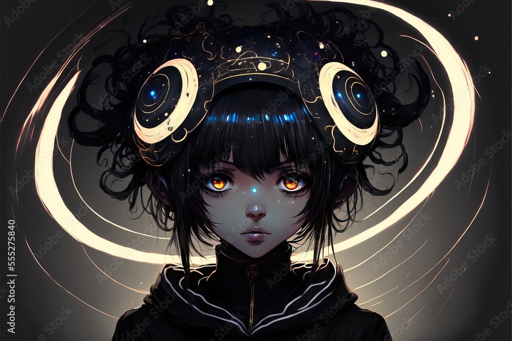 Premium AI Image  A black anime girl with glowing eyes and a black  background.