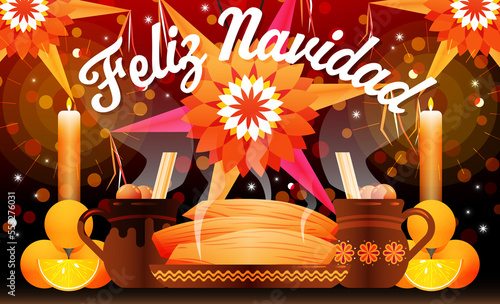 Tableau sur toile Ilustración horizontal de Navidad, con piñatas, velas, jarros con ponche y tamales