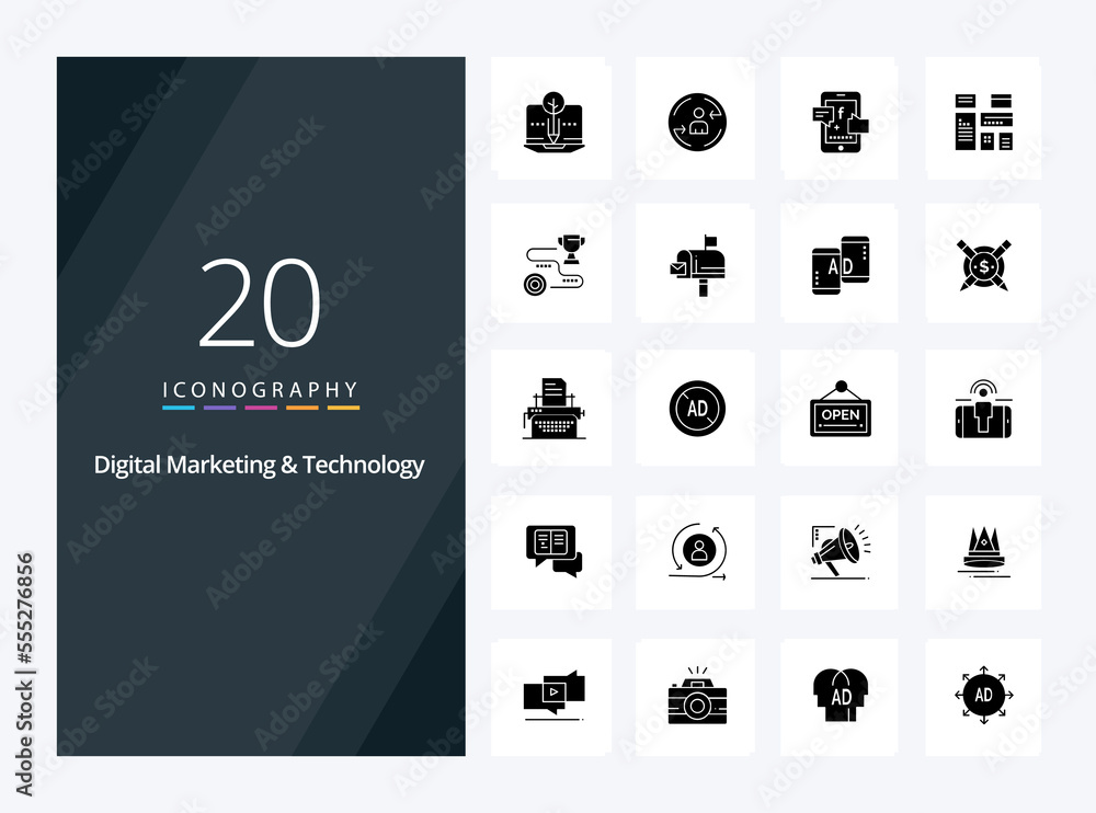 20 Digital Marketing And Technology Solid Glyph icon for presentation
