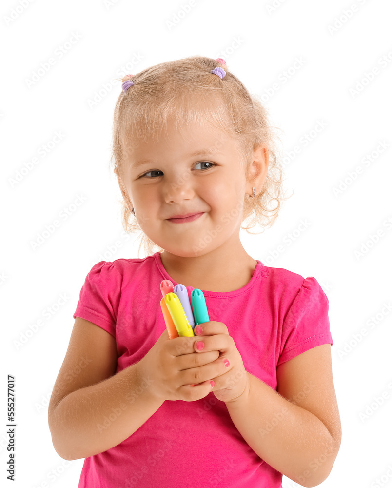 Funny little girl with felt-tip pens on white background Funny little girl with felt-tip pens on white background
