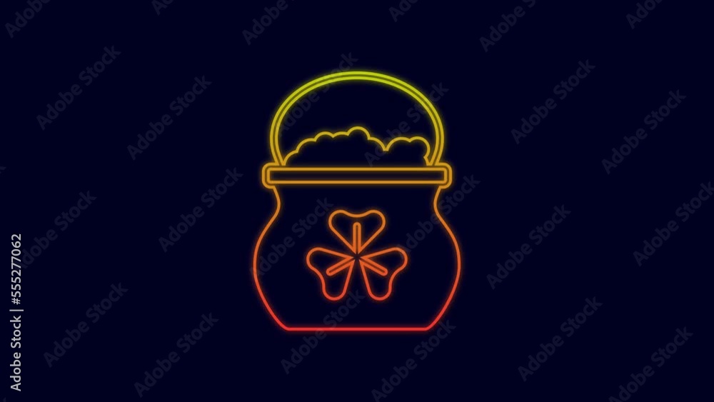 Glowing neon line Pot of gold coins icon isolated on blue background. Happy Saint Patricks day. National Irish holiday. 4K Video motion graphic animation Glowing neon line Pot of gold coins icon isolated on blue background. Happy Saint Patricks day. National Irish holiday. 4K Video motion graphic animation