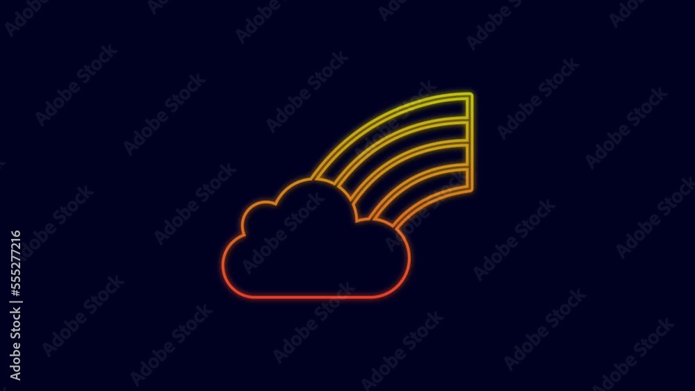 Glowing neon line Rainbow with cloud icon isolated on blue background. Happy Saint Patricks day. National Irish holiday. 4K Video motion graphic animation Glowing neon line Rainbow with cloud icon isolated on blue background. Happy Saint Patricks day. National Irish holiday. 4K Video motion graphic animation