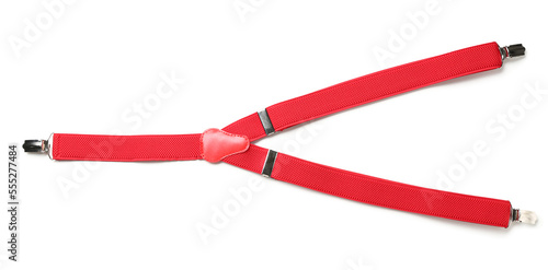Stylish red suspenders on white background