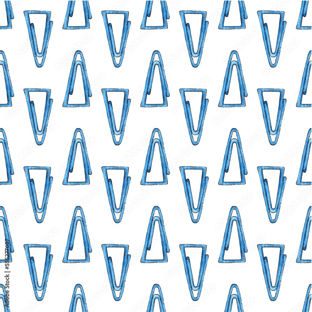 Watercolor illustration of a pattern of blue triangular paper clips. Collection of office tools. School supplies 