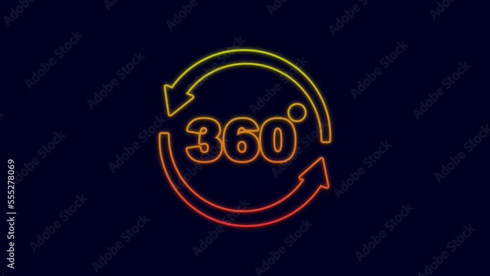Glowing neon line 360 degree view icon isolated on blue background. Virtual reality. Angle 360 degree camera. Panorama photo. 4K Video motion graphic animation Glowing neon line 360 degree view icon isolated on blue background. Virtual reality. Angle 360 degree camera. Panorama photo. 4K Video motion graphic animation